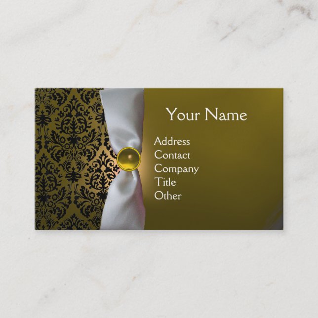 DAMASK MONOGRAM white ribbon black yellow Business Card (Front)