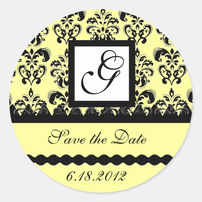 DAMASK MONOGRAM yellow Classic Round Sticker (Front)