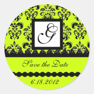 DAMASK MONOGRAM ,yellow green Classic Round Sticker