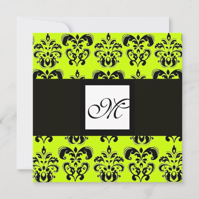 DAMASK MONOGRAM, yellow green Invitation (Front)