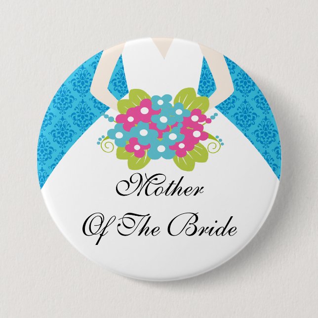 Damask Mother of the Bride Button / Pin Blue (Front)
