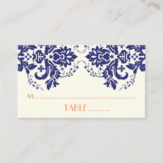 Damask motif navy blue, coral wedding place card (Front)