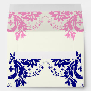 Damask motif navy blue, pink, ivory wedding envelopes