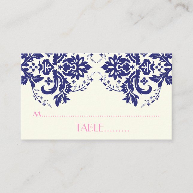 Damask motif navy blue, pink wedding place card (Front)
