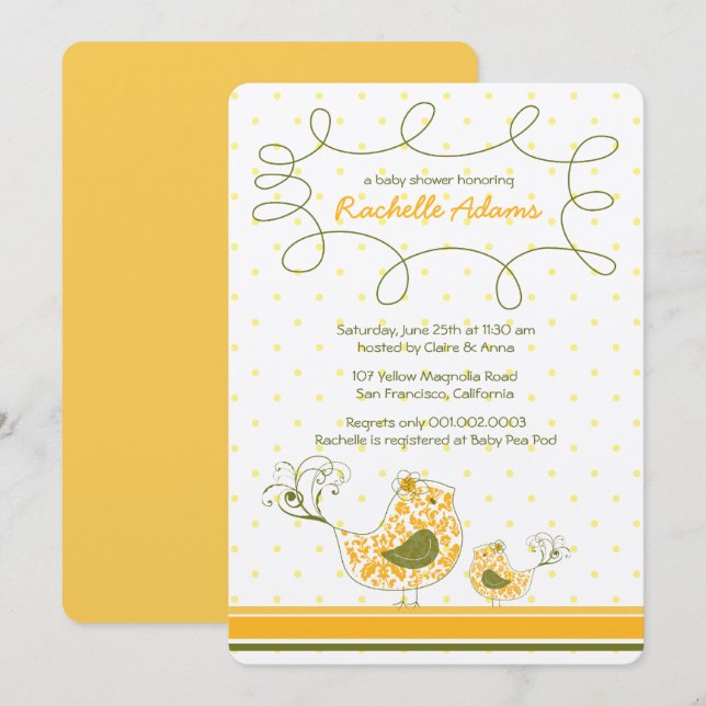 Damask Mum And Baby Bird Chic Yellow Baby Shower Invitation (Front/Back)