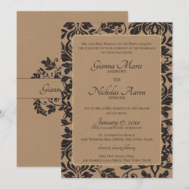Damask Natural Kraft Brown Wedding Invitation (Front/Back)