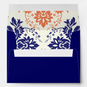 Damask navy blue and coral monogram wedding envelopes