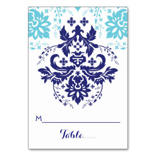 Damask navy blue, aqua wedding escort place card