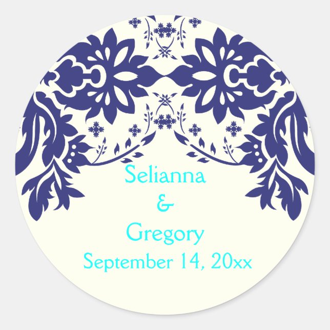Damask navy blue, aqua, wedding Save the Date Classic Round Sticker (Front)