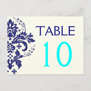 Damask navy blue, aqua wedding table number postcard
