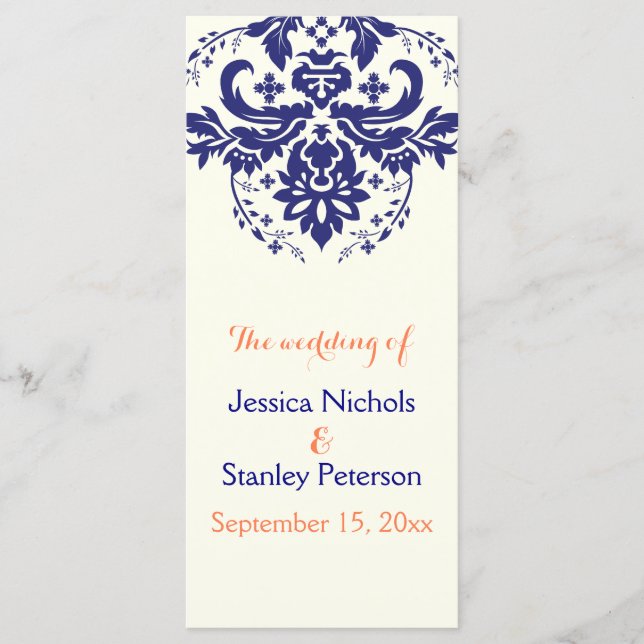 Damask navy blue, coral ivory wedding program programme (Front)