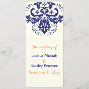 Damask navy blue, coral ivory wedding program programme