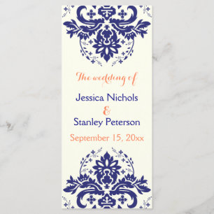 Damask navy blue, coral ivory wedding program programme