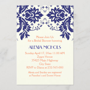 Damask navy blue, coral wedding bridal shower invitation