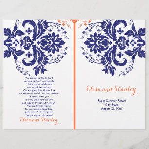 Damask navy blue, coral wedding program