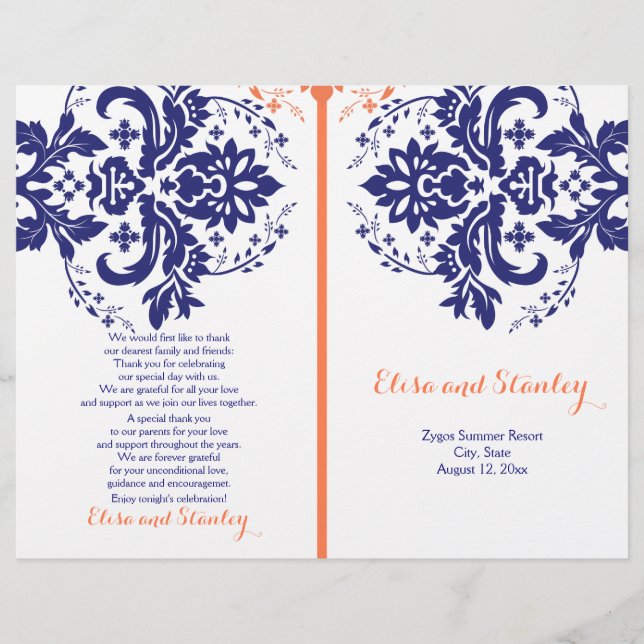 Damask navy blue, coral wedding program (Front)