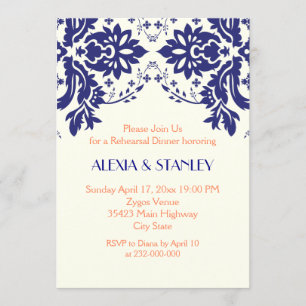 Damask navy blue, coral wedding rehearsal dinner invitation