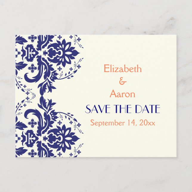 Damask navy blue, coral wedding Save the Date Announcement Postcard (Front)