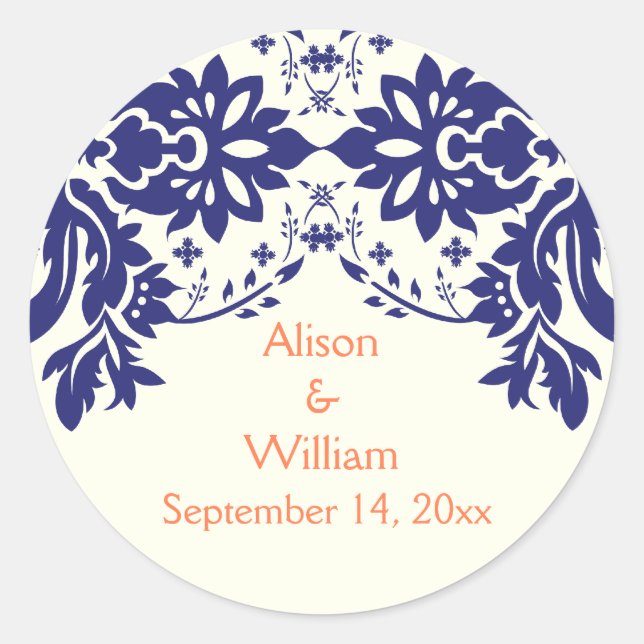 Damask navy blue, coral, wedding Save the Date Classic Round Sticker (Front)