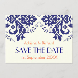 Damask navy blue, coral wedding Save the Date Invitation
