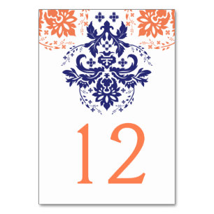 Damask navy blue, coral wedding table number