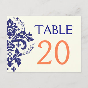 Damask navy blue, coral wedding table number postcard