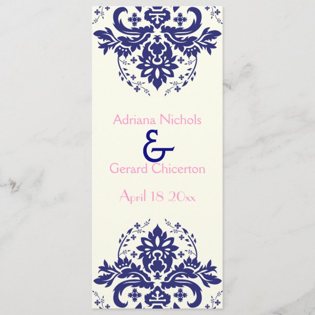 Damask navy blue, pink wedding ceremony program programme (Front)