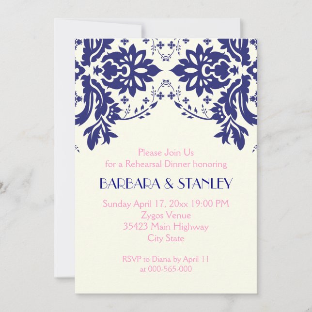 Damask navy blue, pink wedding rehearsal dinner invitation (Front)