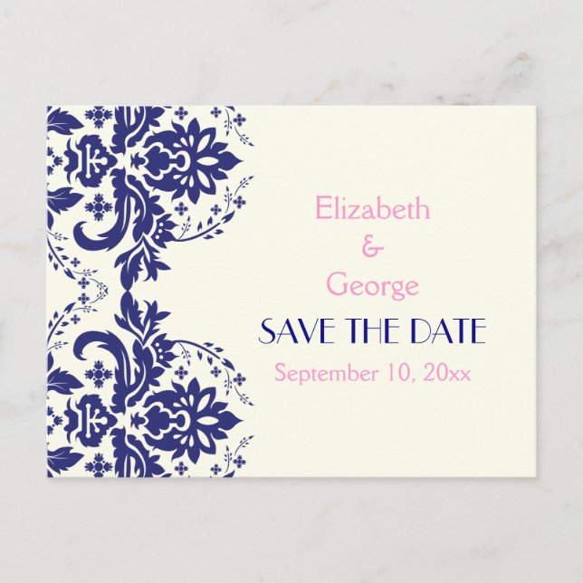 Damask navy blue, pink wedding Save the Date Announcement Postcard (Front)