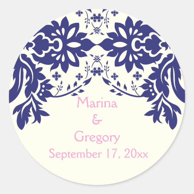 Damask navy blue, pink, wedding Save the Date Classic Round Sticker (Front)