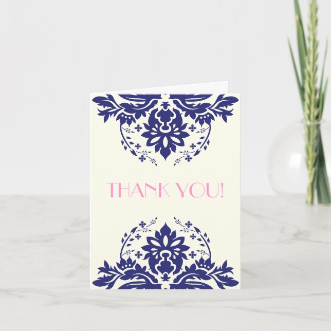 Damask navy blue, pink wedding Thank You Card (Front)