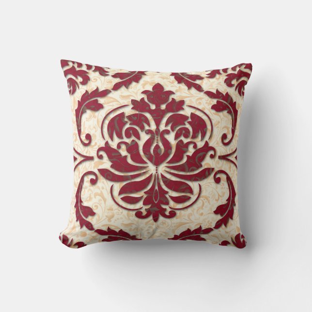 Damask, NOUVEAU PRINT in Burgundy and Gold Cushion (Front)