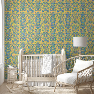 Damask old world cream yellow and teal blue wallpaper