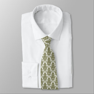 Damask - Olive Drab on White Tie