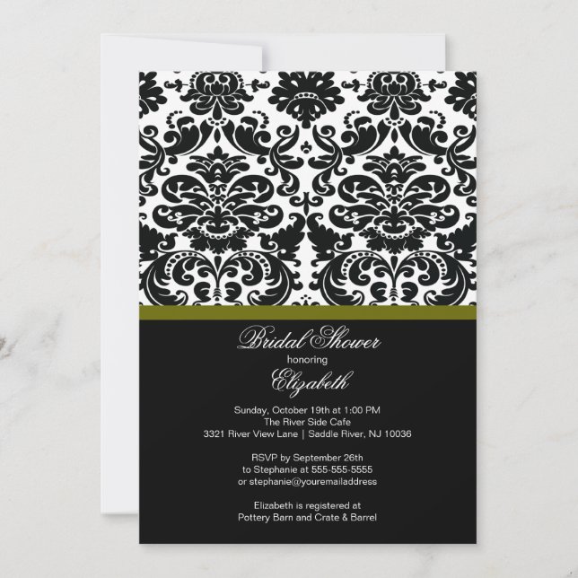 Damask Olive Green Bridal Shower Invitation (Front)