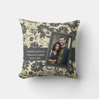 Damask on Cream Wedding Anniversary Name and Photo Cushion