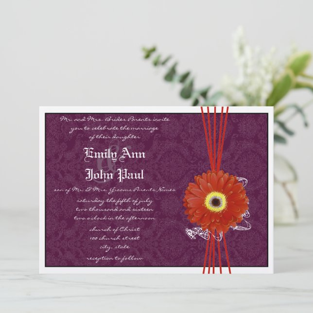 Damask Orange Purple Gerber Daisy Wedding Invite (Standing Front)