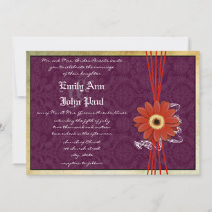Damask Orange Purple Gerber Daisy Wedding Invite