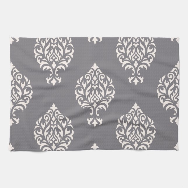 Damask Ornamental Big Pattern Cream on Grey Tea Towel (Horizontal)