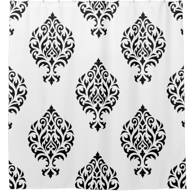 Damask Ornamental Big Ptn Black on White Shower Curtain (Front)