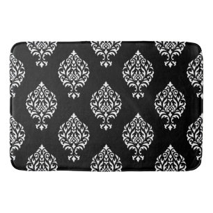 Damask Ornamental Pattern White on Black Bath Mat