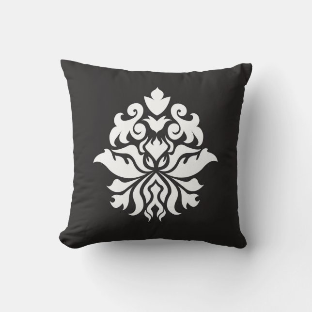 Damask Ornate Pattern - white on black Cushion (Front)