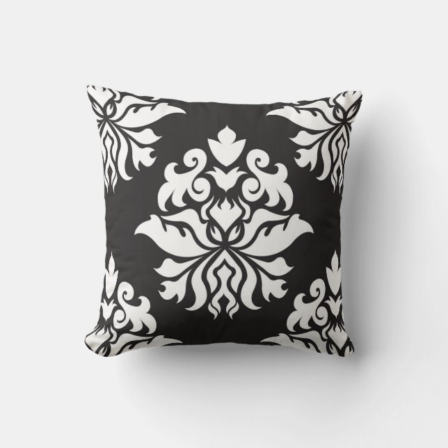 Damask Ornate Repeat Pattern - white on black Cushion (Front)