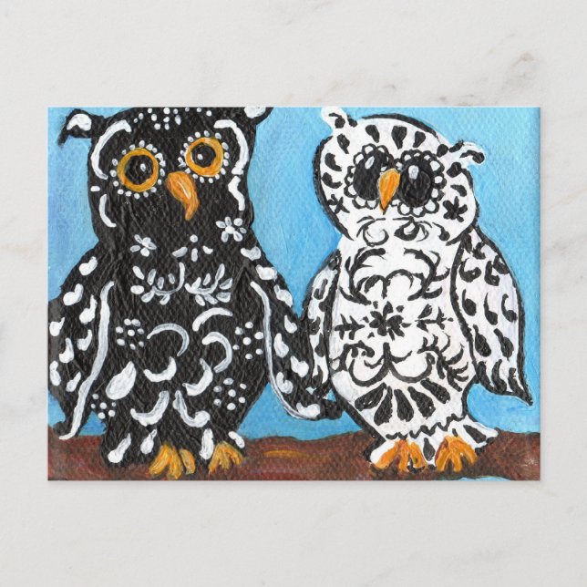 Damask Owls on Blue Postcard (Front)