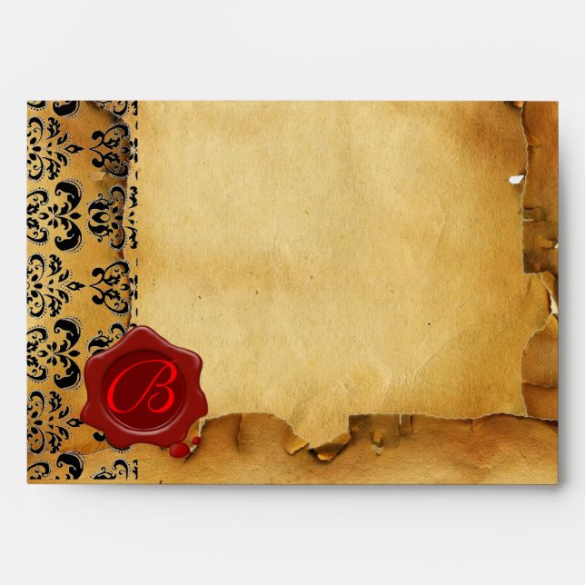 DAMASK PARCHMENT, RED WAX SEAL MONOGRAM ENVELOPE (Front)