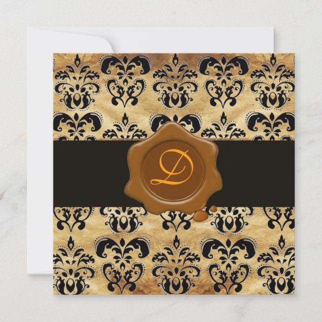 DAMASK PARCHMENT WAX SEAL MONOGRAM,black and brown Invitation (Front)