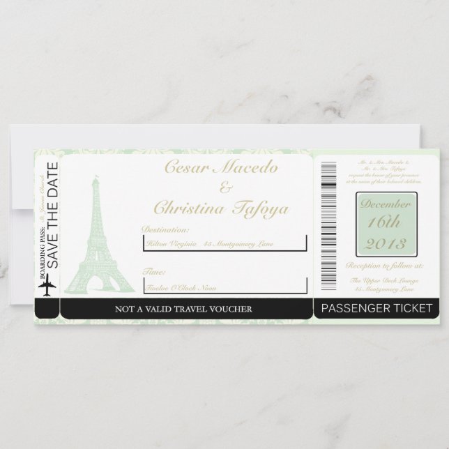 Damask Paris Boarding Pass Wedding Invitation (Front)