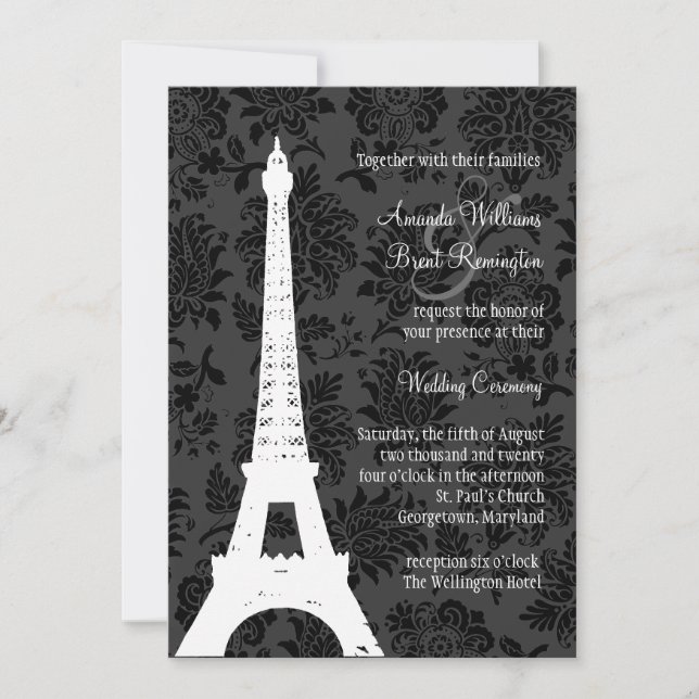 Damask Paris Wedding Invitation (black) (Front)