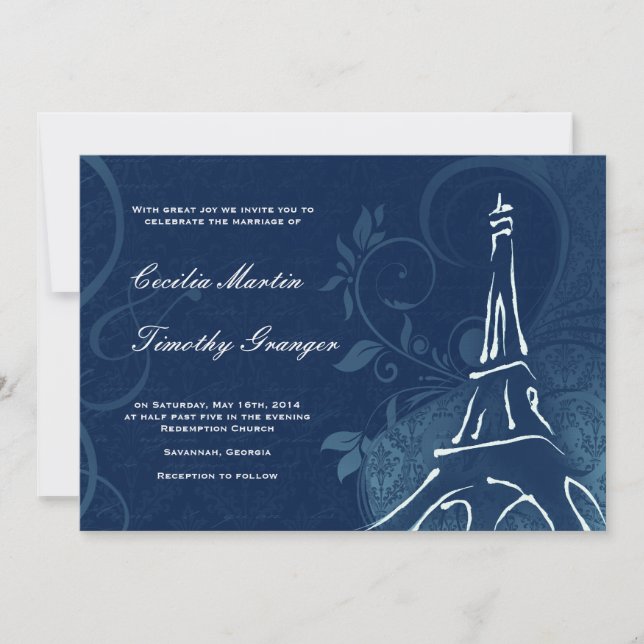Damask Parisienne - Dark Sapphire Blue Wedding Invitation (Front)