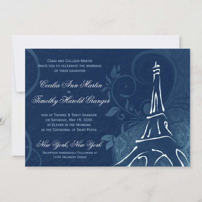 Damask Parisienne - Dark Sapphire Blue Wedding Invitation (Front)